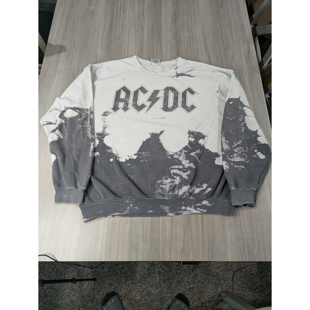 AC/DC Graphic Logo Fleece Crewneck Pullover Sweatshirt Tie Dye Gray White M - Picture 2 of 9
